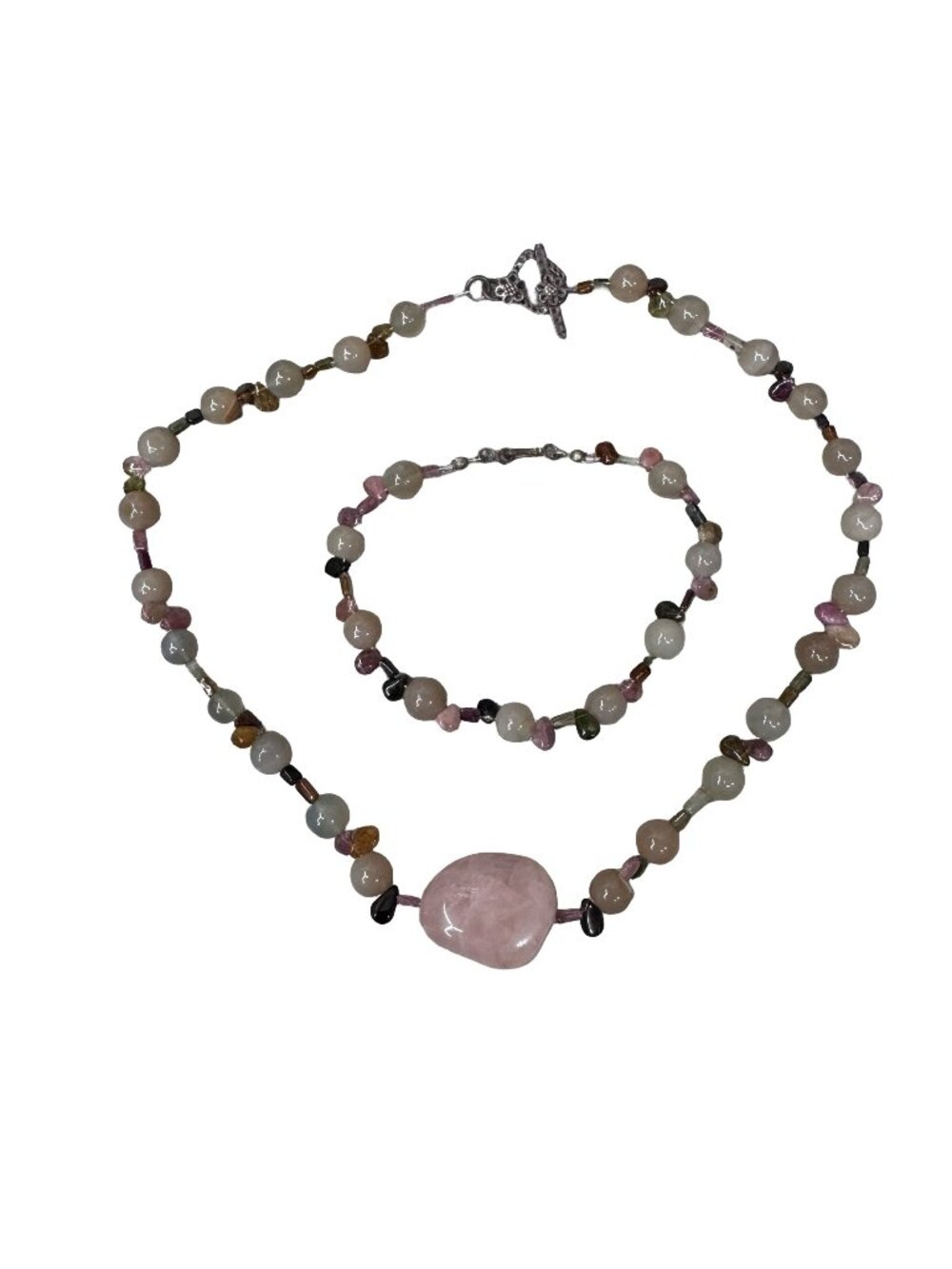 Vintage Rose Quartz Jade Amethyst Beaded Gemstone Necklace & Bracelet Set 62.4g